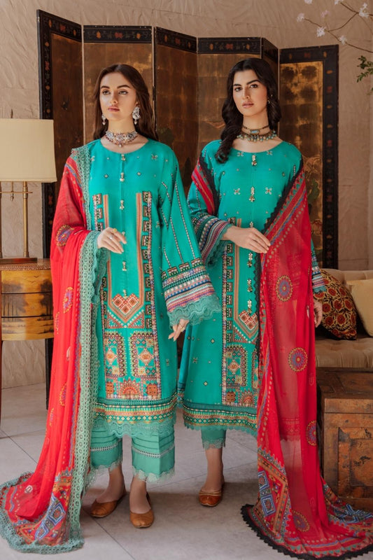 3 PC Unstitched Premium | Slub Embroidered Shirt |Chiffon Dupatta