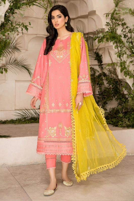 3 PC Unstitched Premium | Lawn Embroidered Shirt + Organza Embroidered Dupatta + Cambric Dyed Trouser