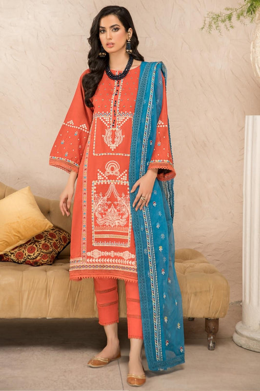 3 PC Unstitched Premium | Lawn Embroidered Shirt + Organza Embroidered Dupatta + Cambric Dyed Trouser