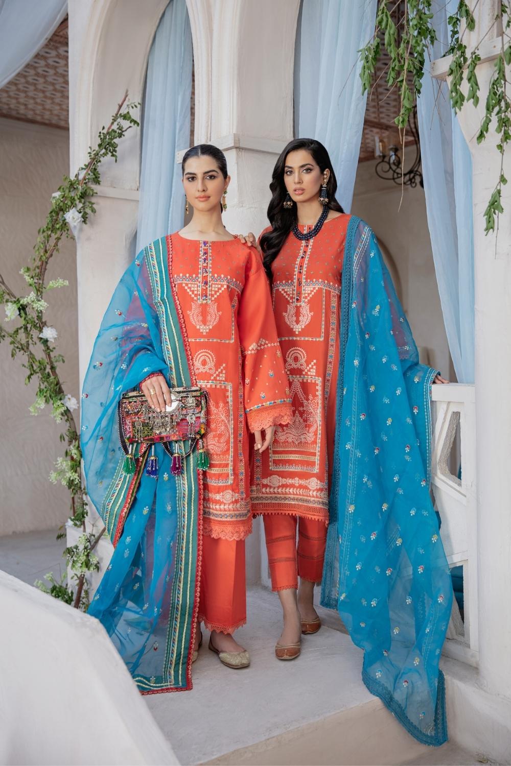 3 PC Unstitched Premium | Lawn Embroidered Shirt + Organza Embroidered Dupatta + Cambric Dyed Trouser