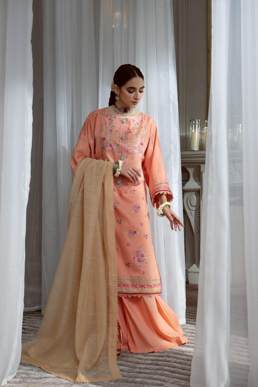 3PC Unstitched Embroidered Lawn Shirt | Banarsi Dupatta | Cambric Dyed Trouser