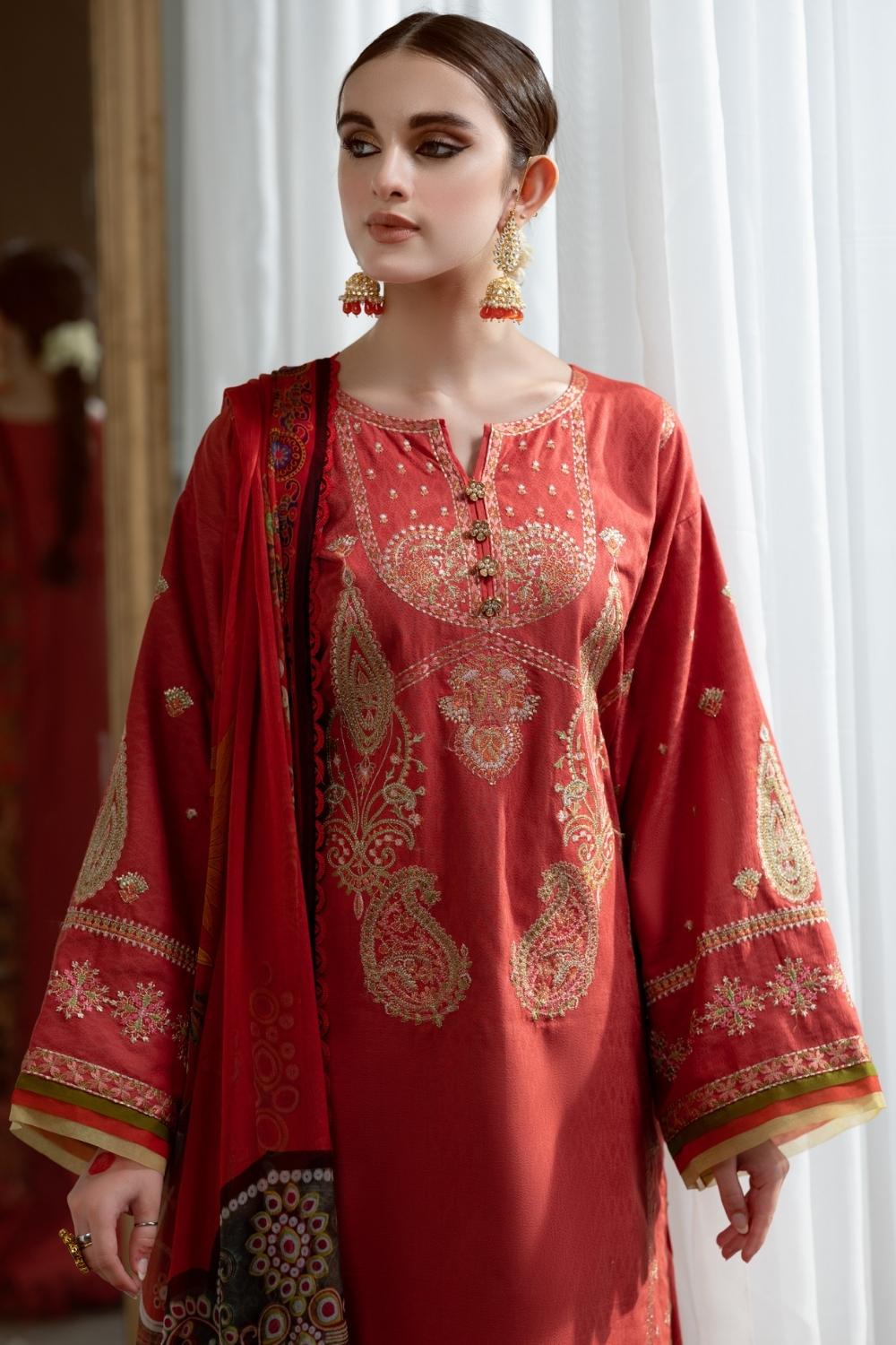 3PC Unstitched Embroidered Lawn Shirt | Chiffon Digital Printed Dupatta | Cambric Dyed Trouser