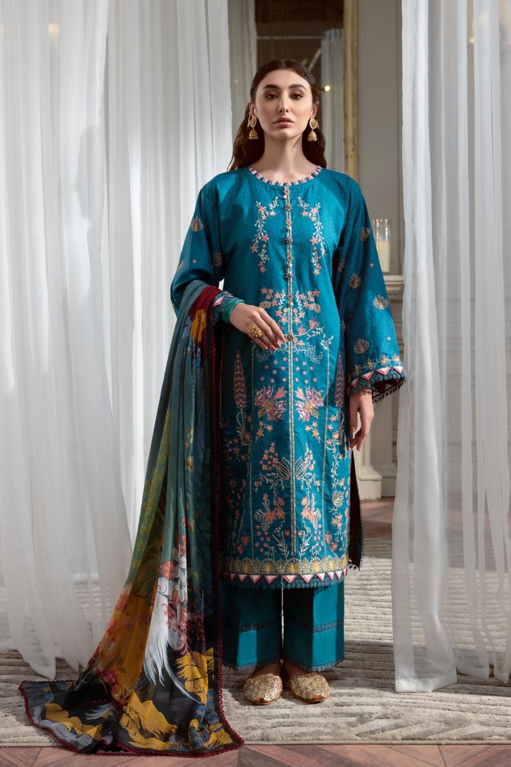 3PC Unstitched Embroidered Lawn Shirt | Chiffon Digital Printed Dupatta | Cambric Dyed Trouser