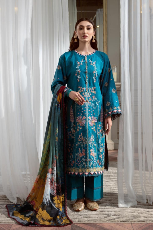 3PC Unstitched Embroidered Lawn Shirt | Chiffon Digital Printed Dupatta | Cambric Dyed Trouser