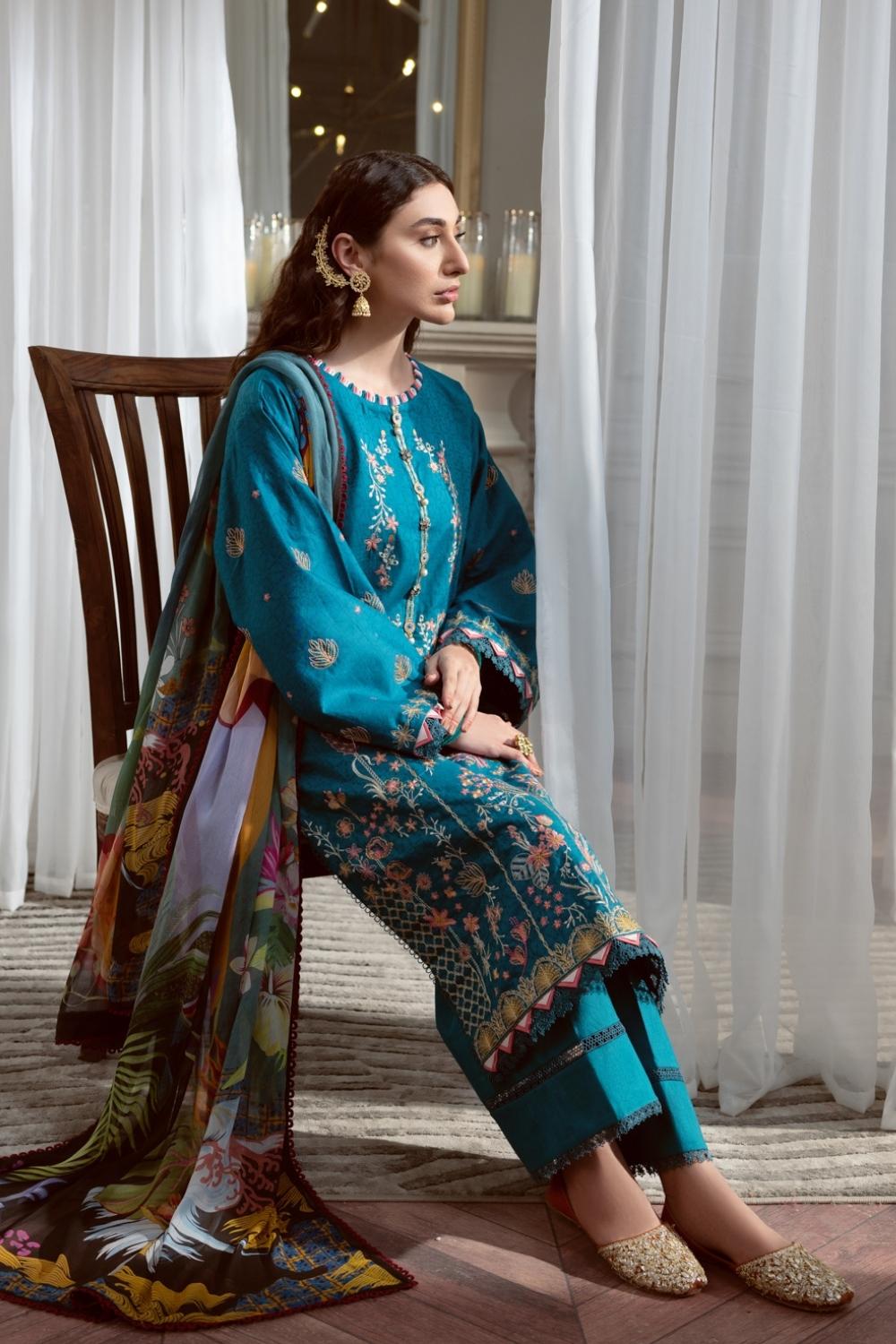 3PC Unstitched Embroidered Lawn Shirt | Chiffon Digital Printed Dupatta | Cambric Dyed Trouser