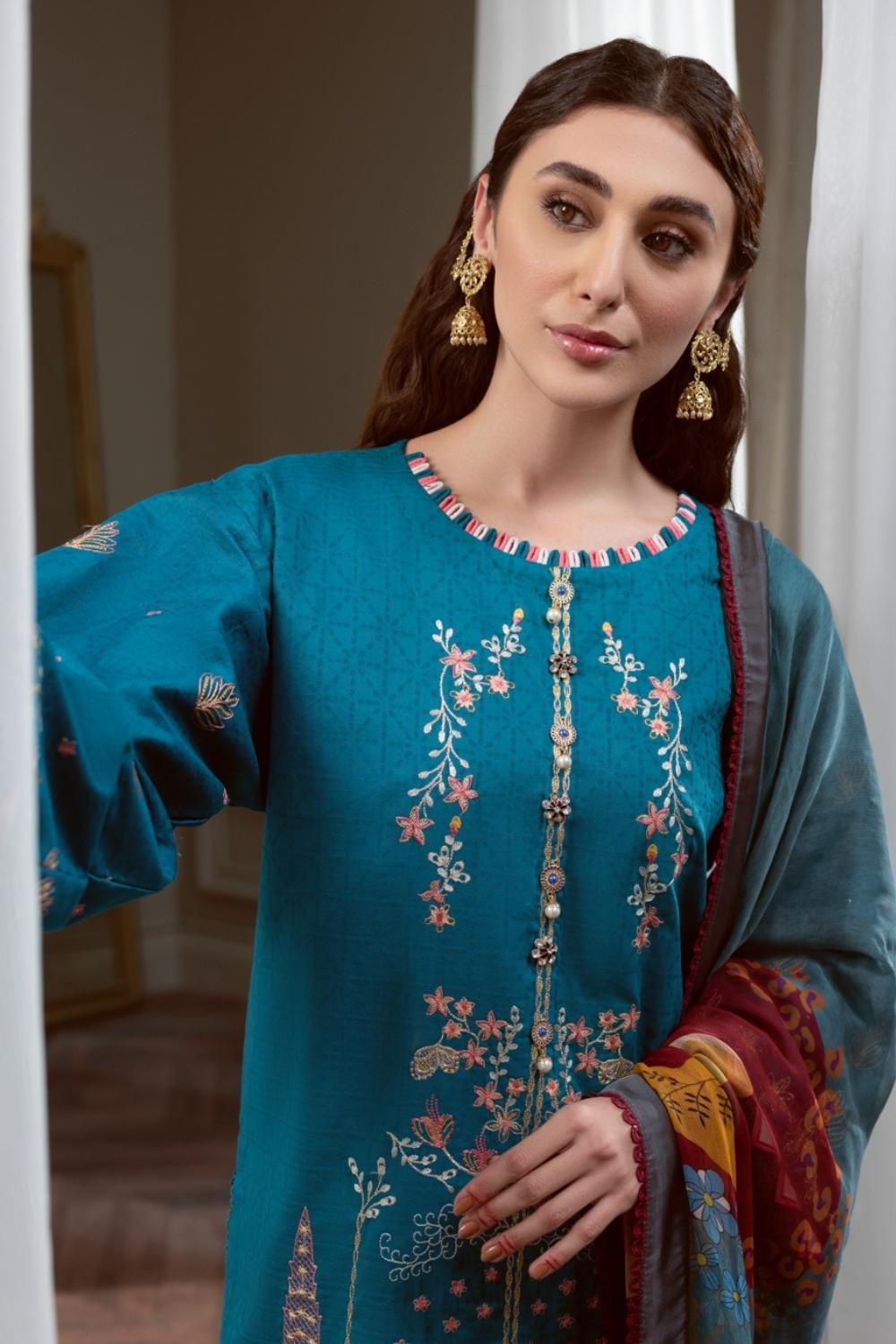 3PC Unstitched Embroidered Lawn Shirt | Chiffon Digital Printed Dupatta | Cambric Dyed Trouser