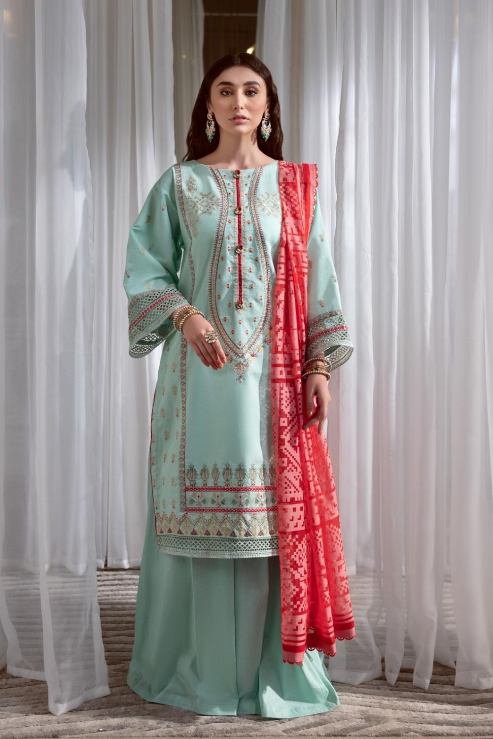 3PC Unstitched Embroidered Lawn Shirt | Organza Burnout Dupatta | Cambric Dyed Trouser