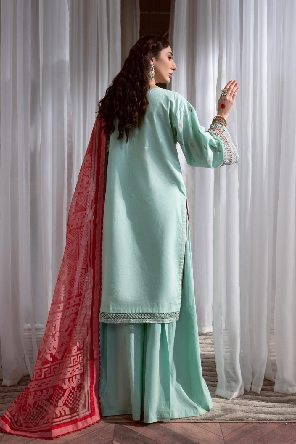 3PC Unstitched Embroidered Lawn Shirt | Organza Burnout Dupatta | Cambric Dyed Trouser