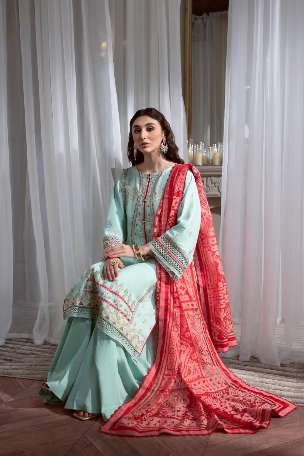 3PC Unstitched Embroidered Lawn Shirt | Organza Burnout Dupatta | Cambric Dyed Trouser