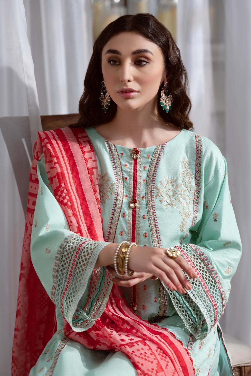 3PC Unstitched Embroidered Lawn Shirt | Organza Burnout Dupatta | Cambric Dyed Trouser