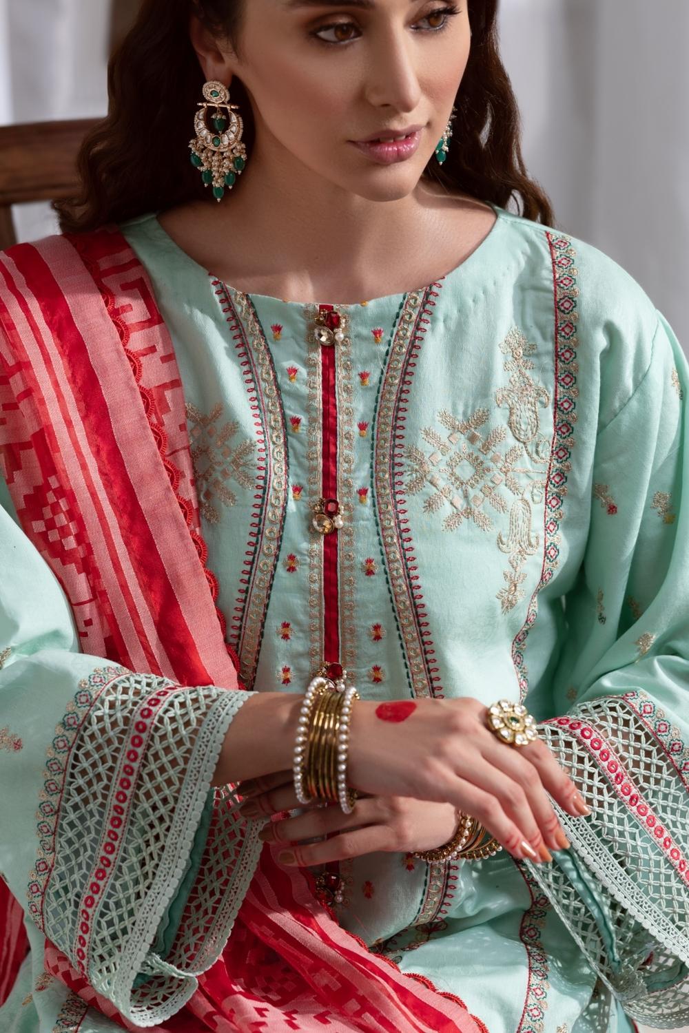 3PC Unstitched Embroidered Lawn Shirt | Organza Burnout Dupatta | Cambric Dyed Trouser