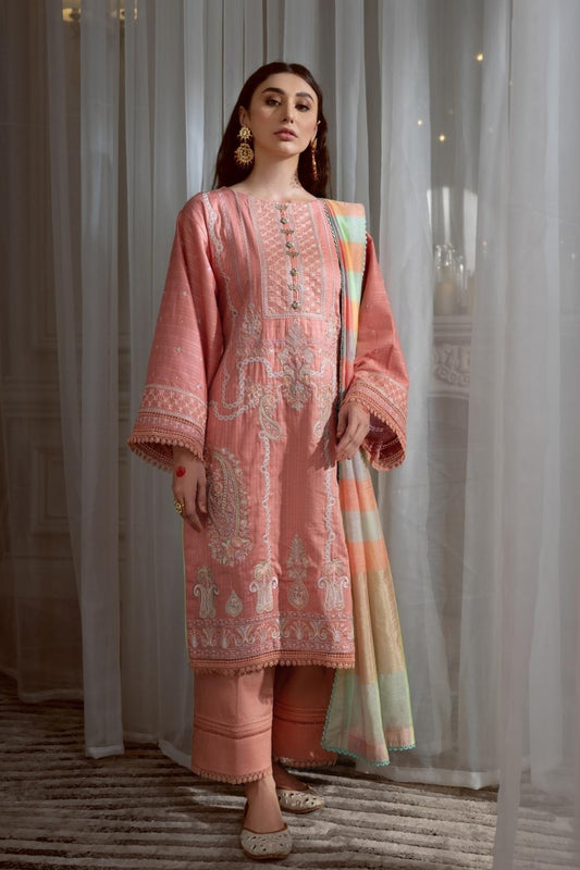 3PC Unstitched Embroidered Lawn Shirt | Banarsi Dupatta | Cambric Dyed Trouser