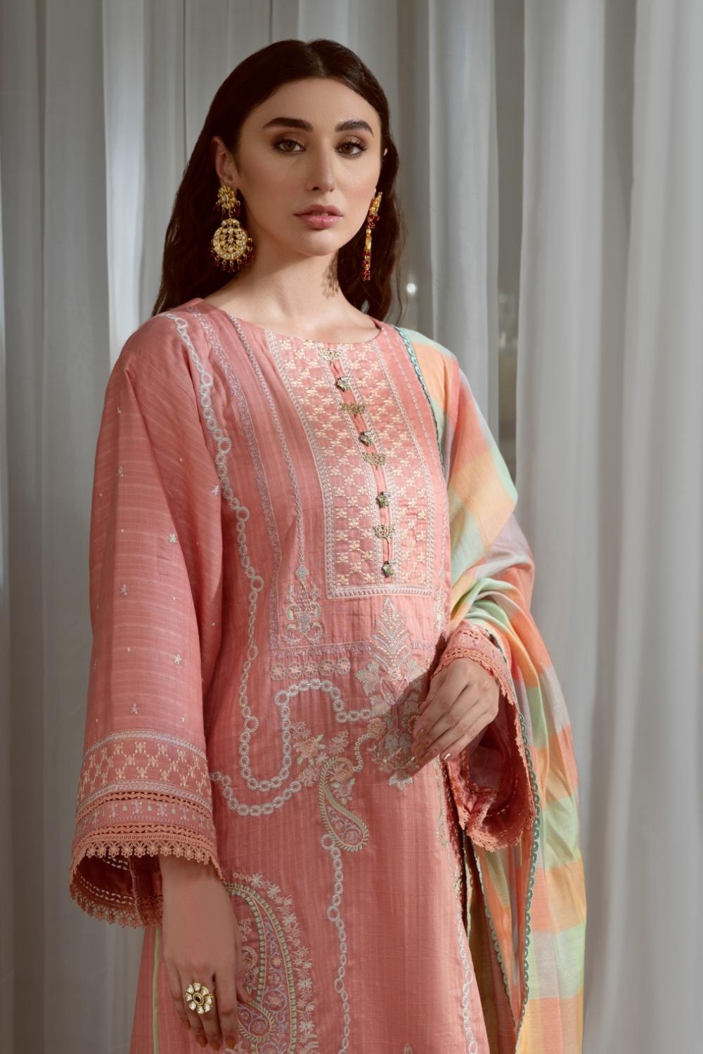 3PC Unstitched Embroidered Lawn Shirt | Banarsi Dupatta | Cambric Dyed Trouser