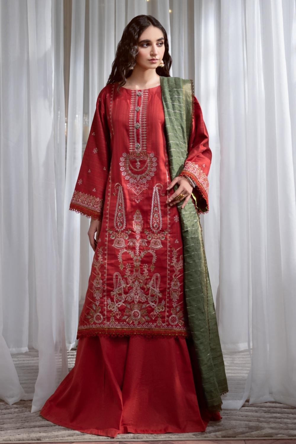 3PC Unstitched Embroidered Lawn Shirt | Banarsi Dupatta | Cambric Dyed Trouser