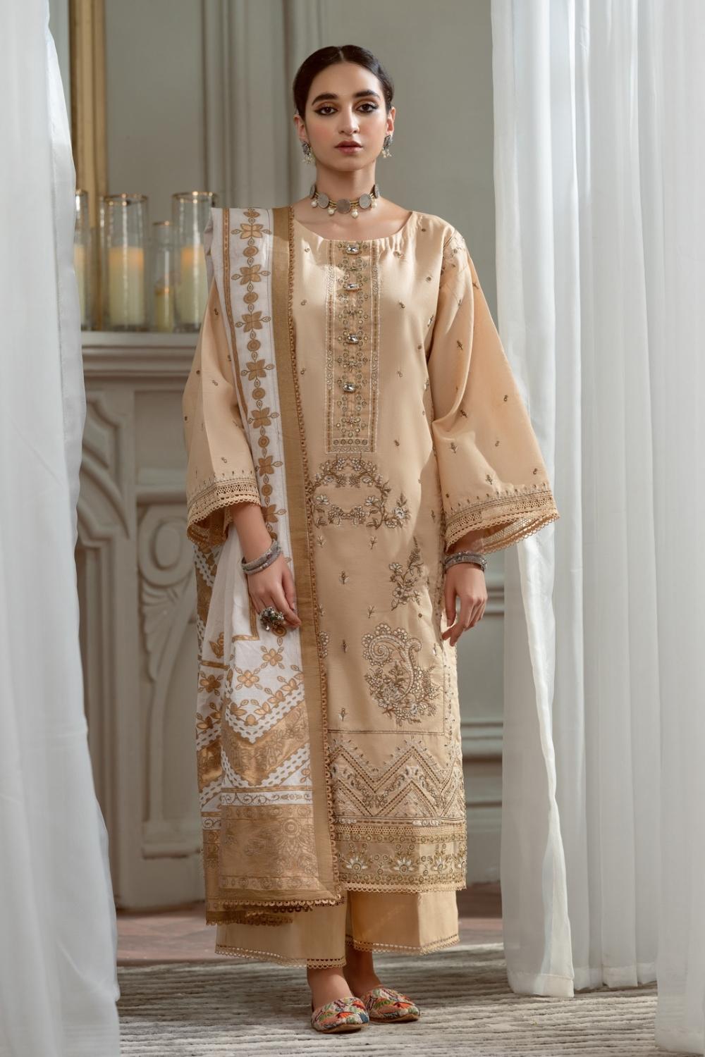 3PC Unstitched Embroidered Lawn Shirt | Jacquard Dupatta | Cambric Dyed Trouser