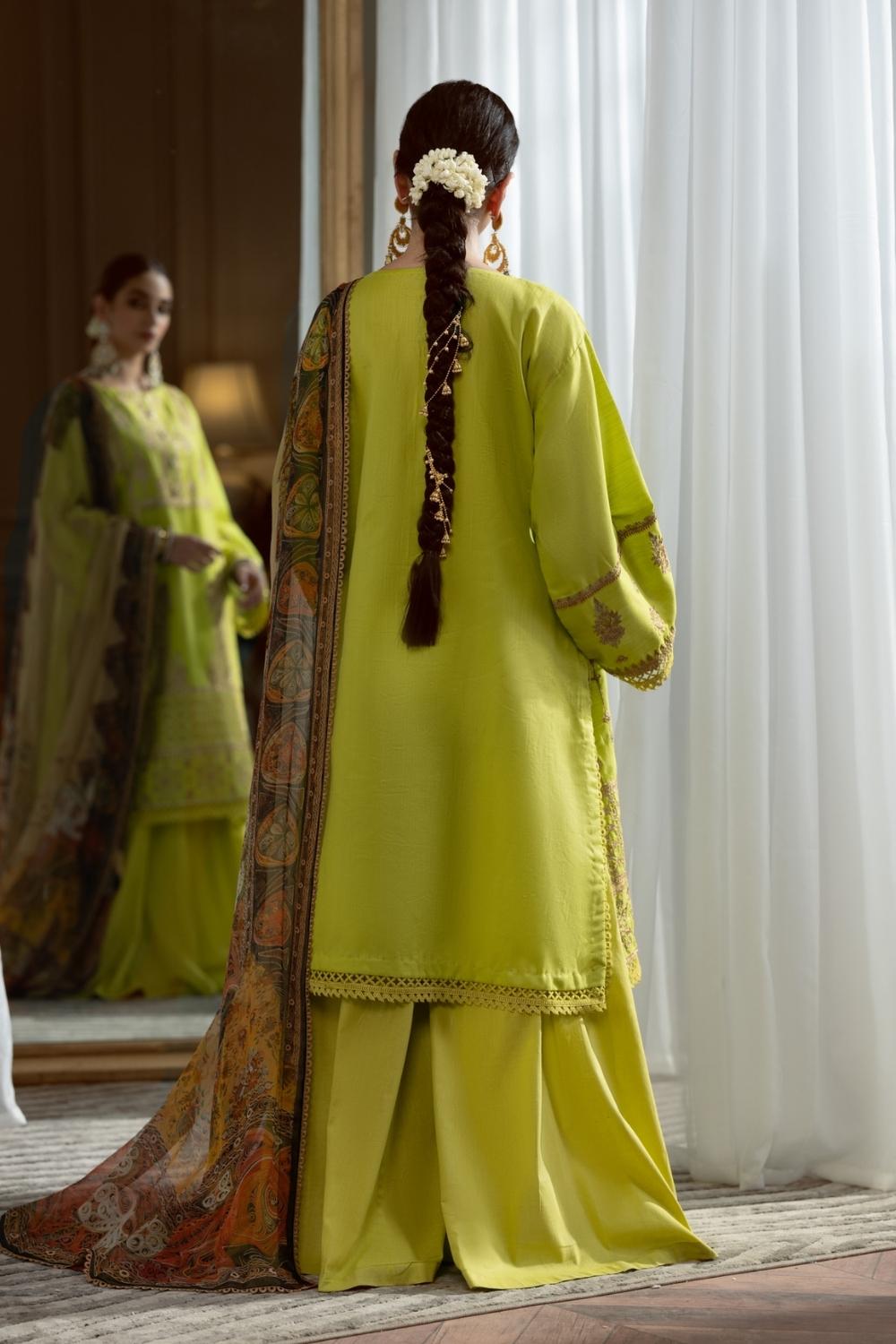 3PC Unstitched Embroidered Lawn Shirt | Chiffon Digital Printed Dupatta | Cambric Dyed Trouser