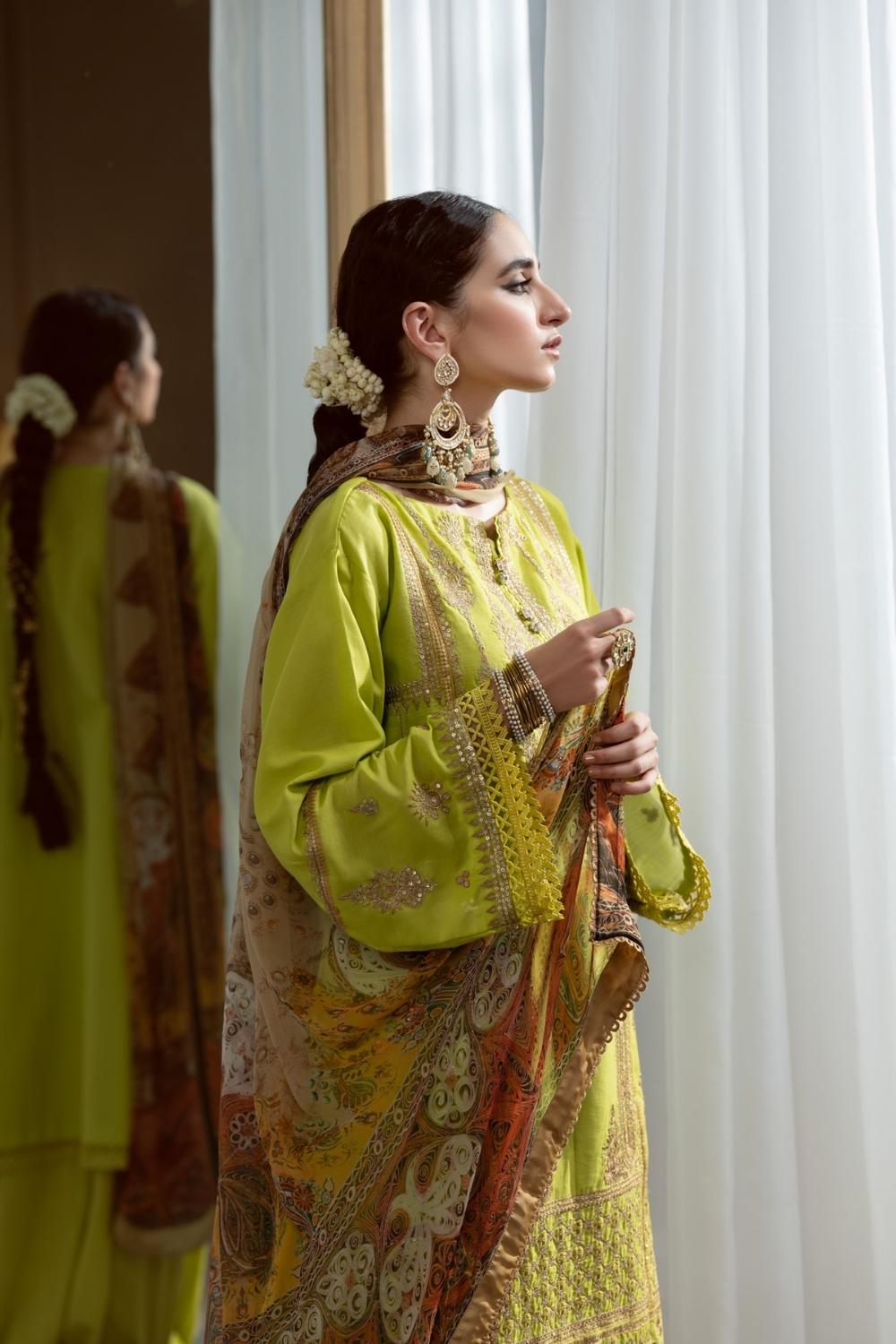 3PC Unstitched Embroidered Lawn Shirt | Chiffon Digital Printed Dupatta | Cambric Dyed Trouser