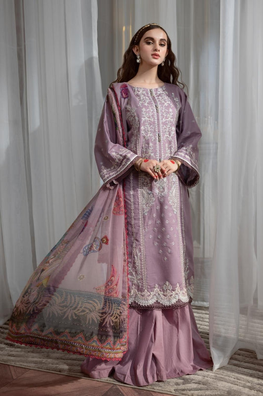 3PC Unstitched Embroidered Lawn Shirt | Chiffon Digital Printed Dupatta | Cambric Dyed Trouser