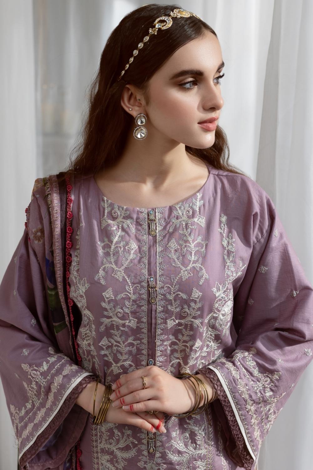 3PC Unstitched Embroidered Lawn Shirt | Chiffon Digital Printed Dupatta | Cambric Dyed Trouser