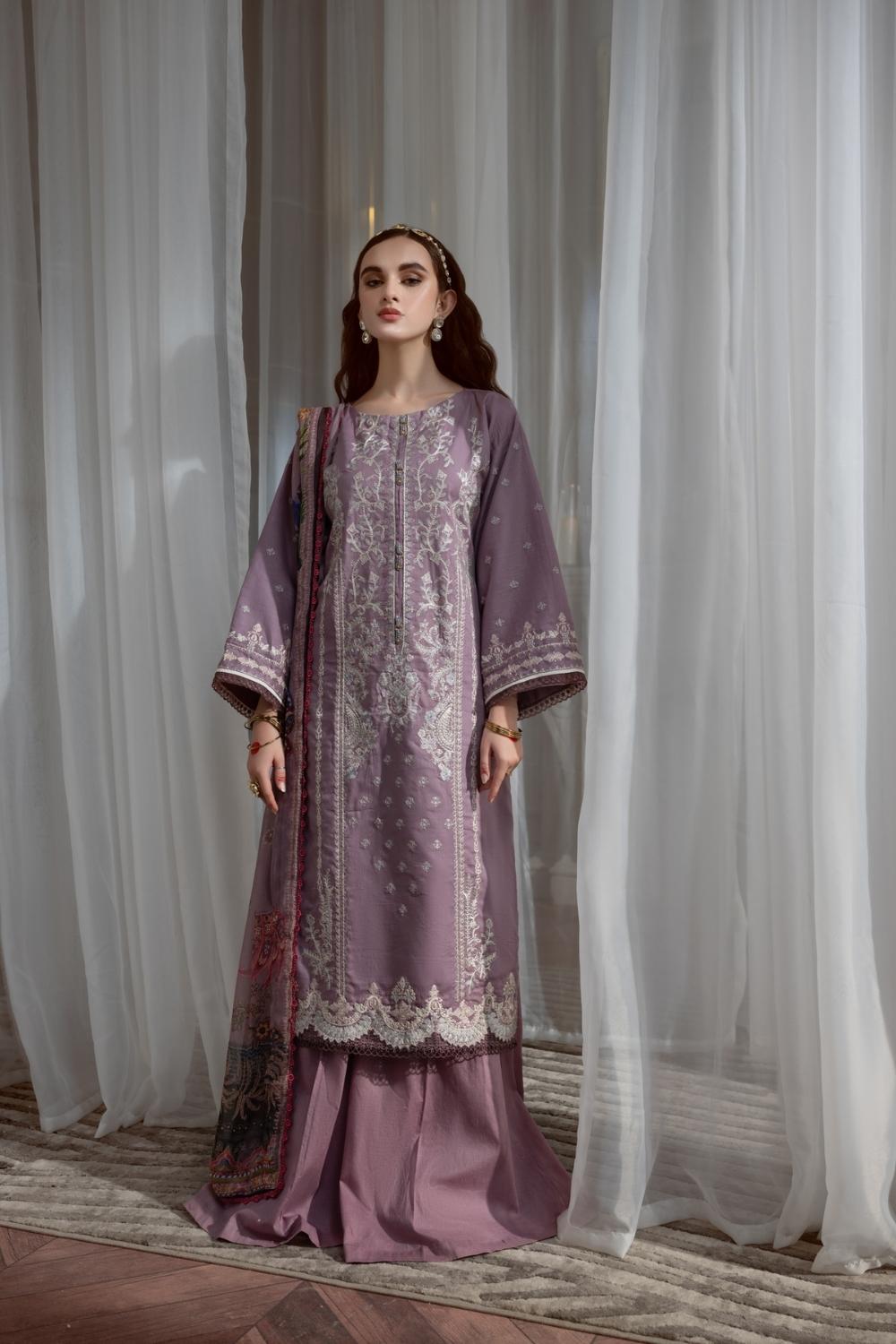 3PC Unstitched Embroidered Lawn Shirt | Chiffon Digital Printed Dupatta | Cambric Dyed Trouser