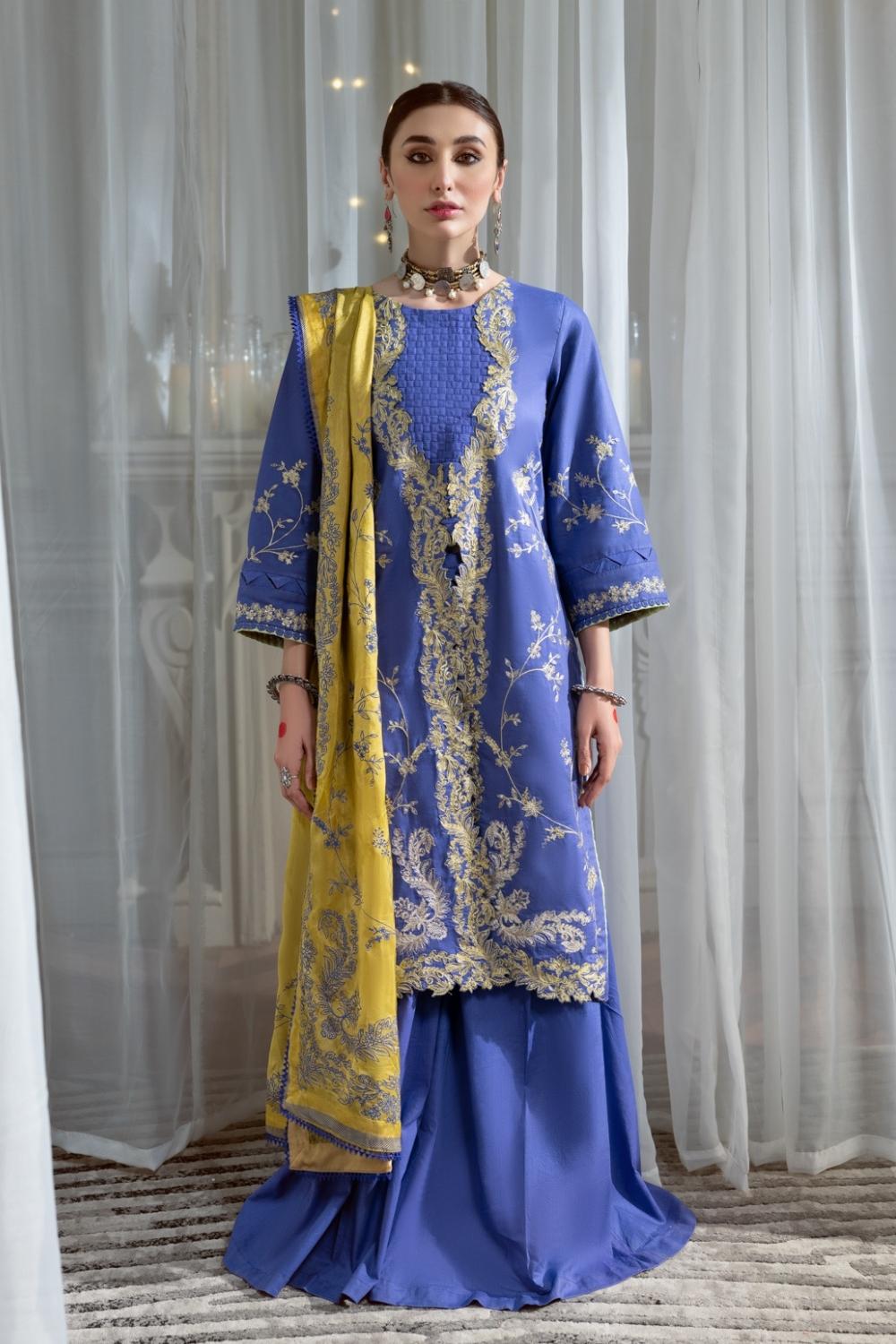 3PC Unstitched Embroidered Lawn Shirt | Silk Paste Printed Dupatta | Cambric Dyed Trouser