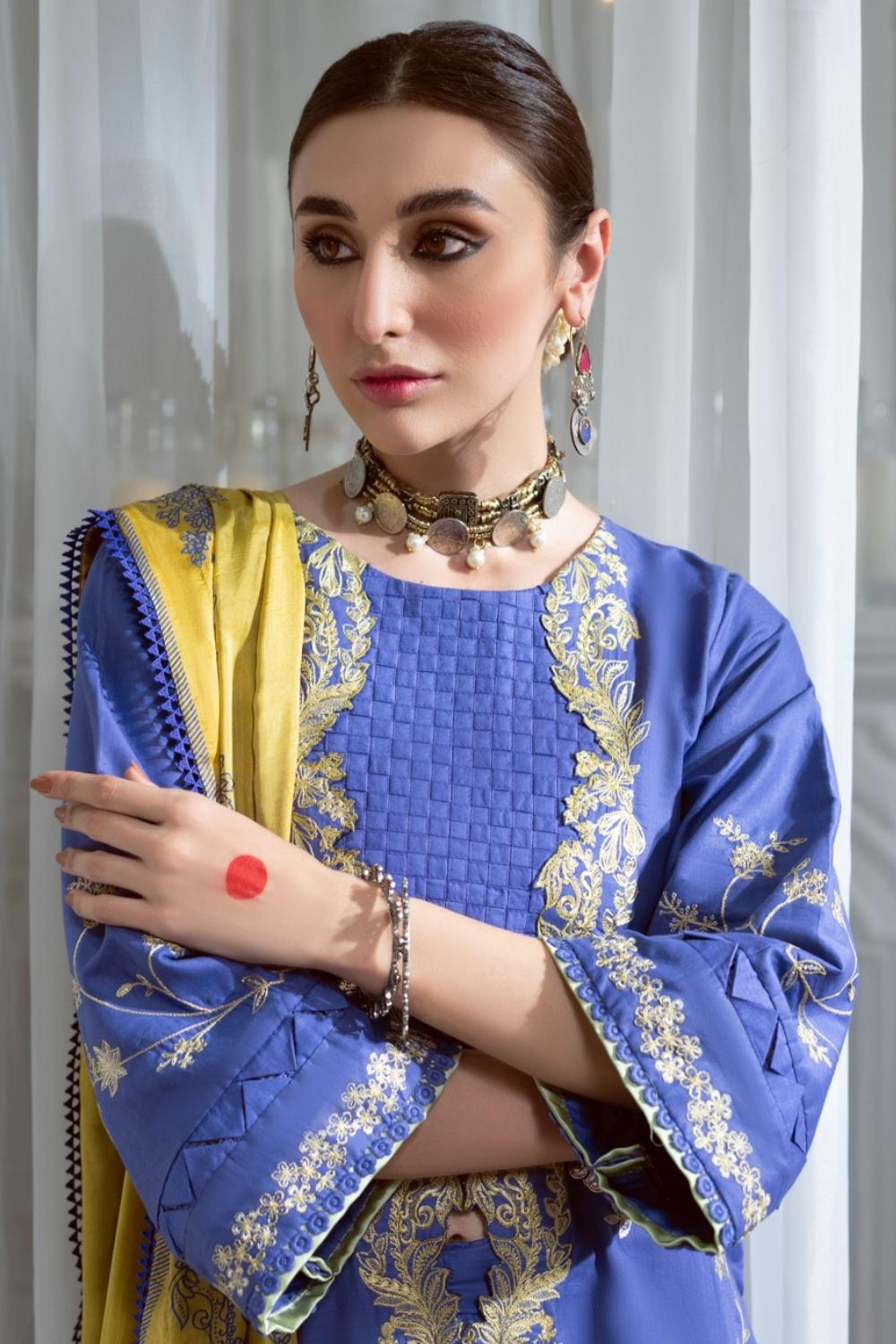 3PC Unstitched Embroidered Lawn Shirt | Silk Paste Printed Dupatta | Cambric Dyed Trouser