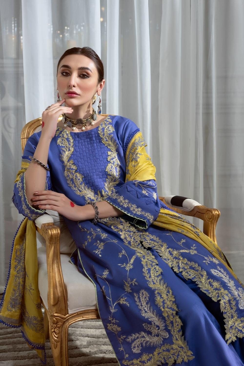 3PC Unstitched Embroidered Lawn Shirt | Silk Paste Printed Dupatta | Cambric Dyed Trouser