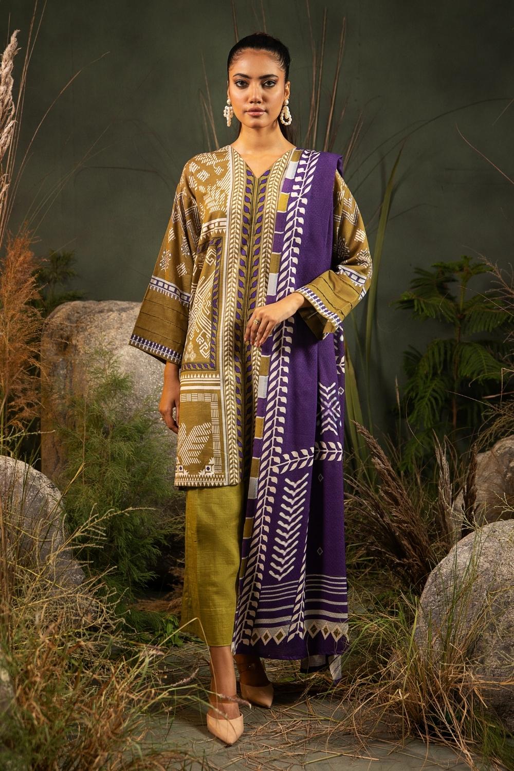 3PC Unstitched |Printed Khaddar Shirt+ Viscose Shawl + Trouser