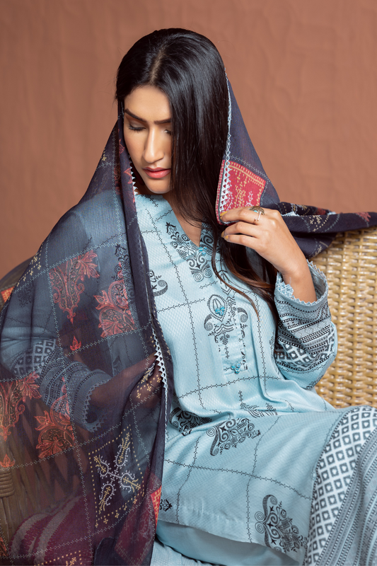 3PC Unstitched | Printed Jacquard Shirt+Chiffon Dupatta+Trouser