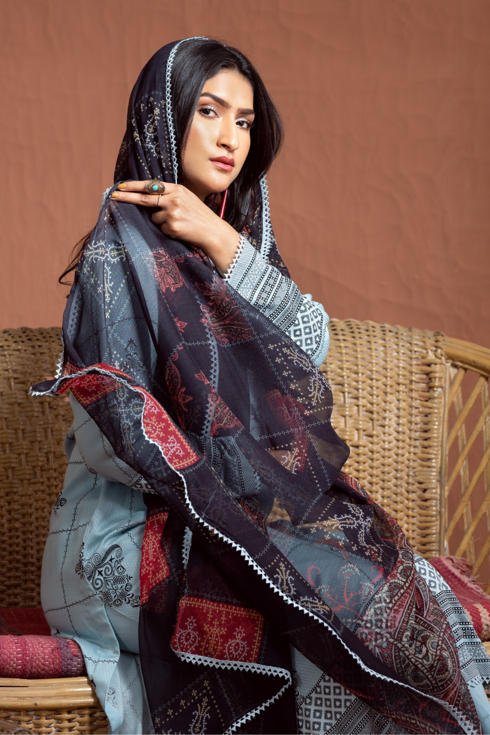 3PC Unstitched | Printed Jacquard Shirt+Chiffon Dupatta+Trouser