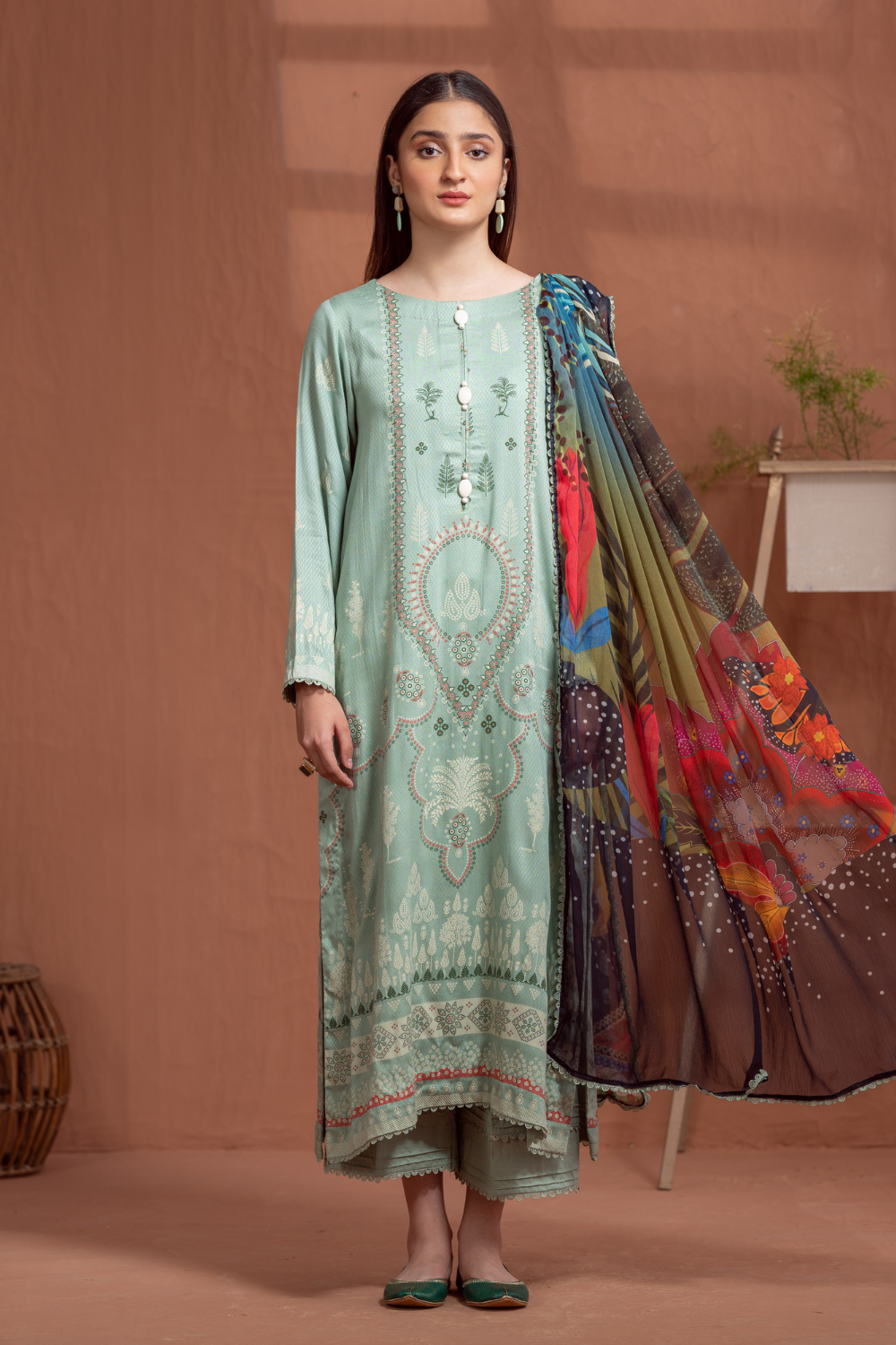 3PC Unstitched | Printed Jacquard Shirt+Chiffon Dupatta+Trouser