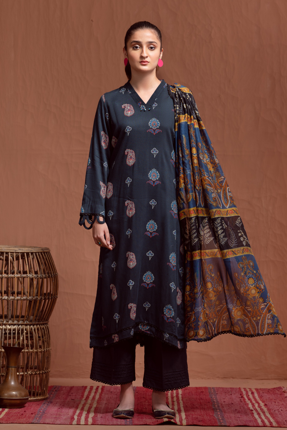 3PC Unstitched | Printed Jacquard Shirt+ Silk Dupatta+Trouser