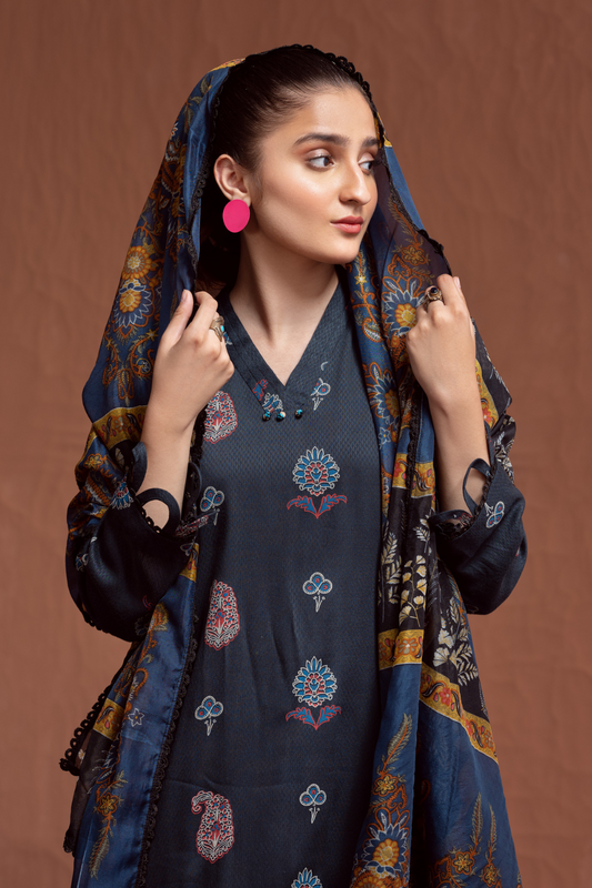 3PC Unstitched | Printed Jacquard Shirt+ Silk Dupatta+Trouser