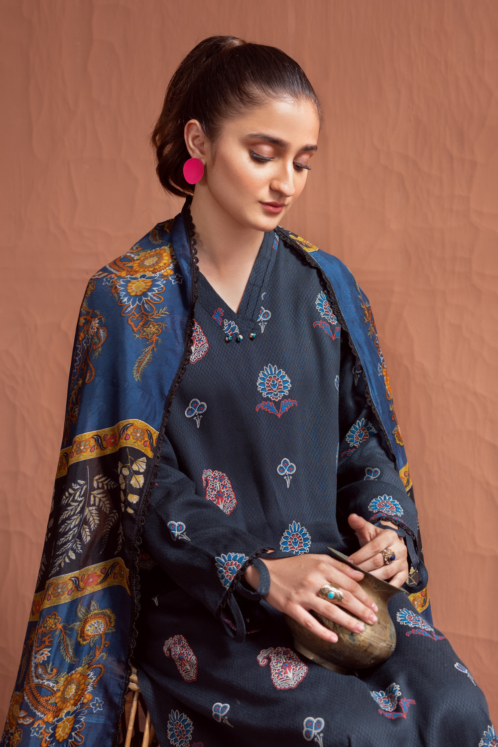 3PC Unstitched | Printed Jacquard Shirt+ Silk Dupatta+Trouser