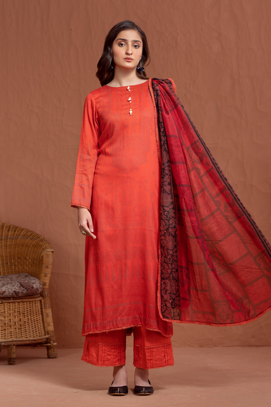 3PC Unstitched | Printed Jacquard Shirt+ Silk Dupatta+Trouser