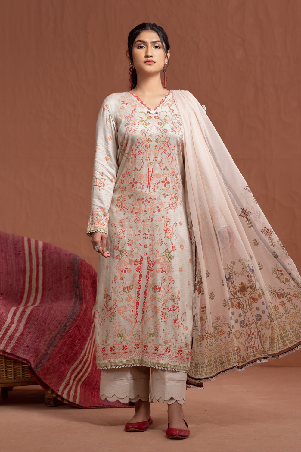 3PC Unstitched | Printed Jacquard Shirt+ Chiffon Dupatta+Trouser