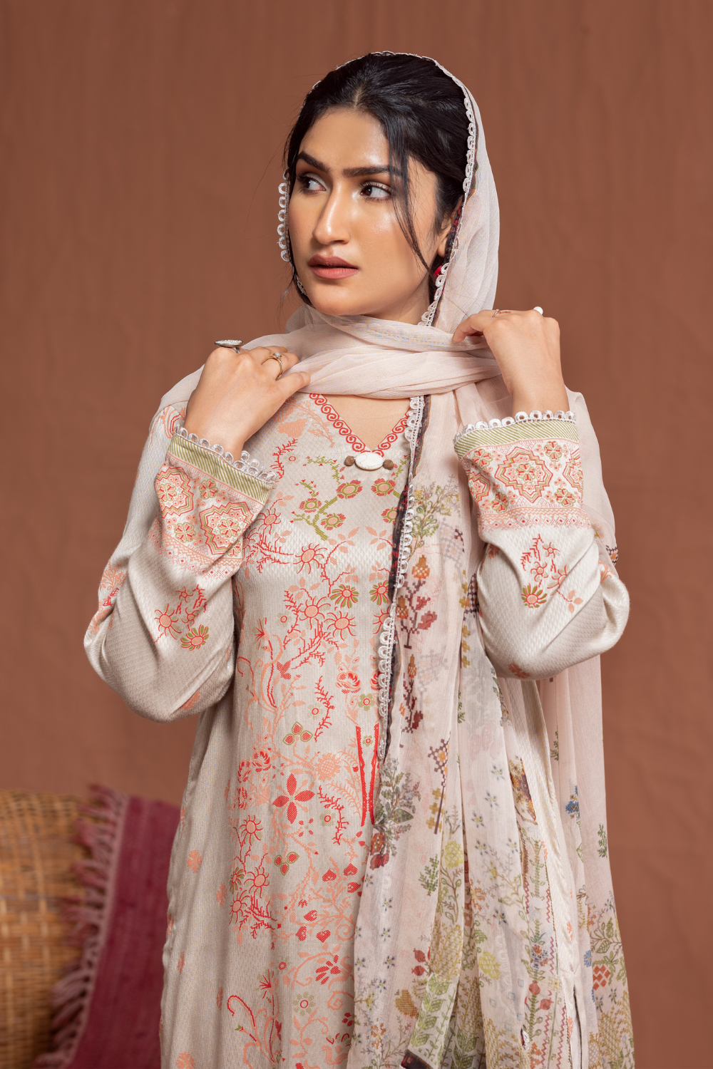 3PC Unstitched | Printed Jacquard Shirt+ Chiffon Dupatta+Trouser