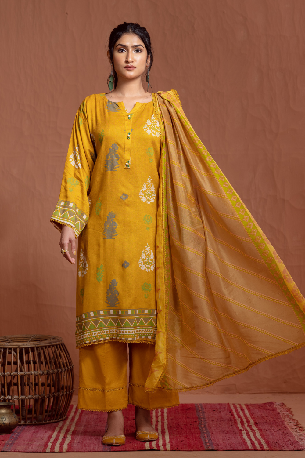 3PC Unstitched | Printed Jacquard Shirt+ Silk Dupatta+Trouser