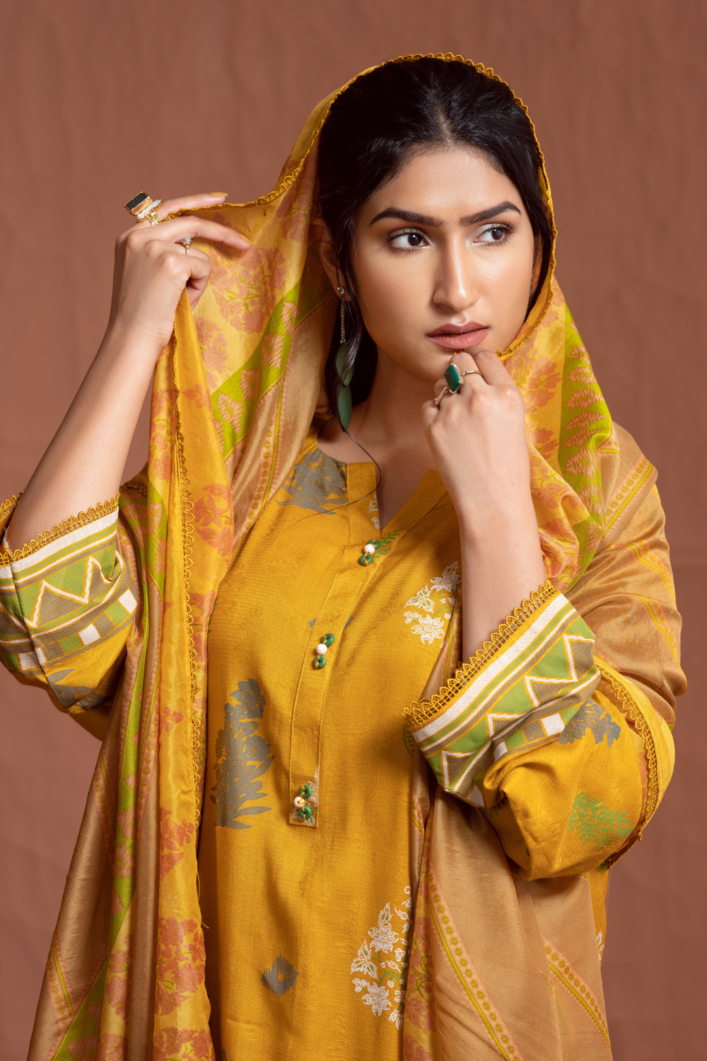 3PC Unstitched | Printed Jacquard Shirt+ Silk Dupatta+Trouser