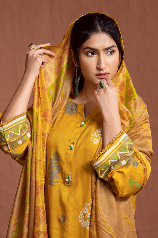 3PC Unstitched | Printed Jacquard Shirt+ Silk Dupatta+Trouser