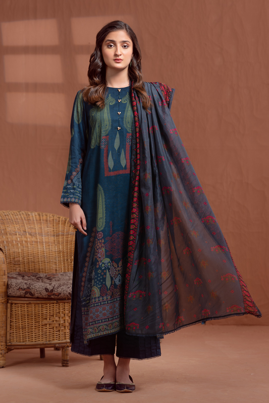 3PC Unstitched | Printed Jacquard Shirt+ Silk Dupatta+Trouser