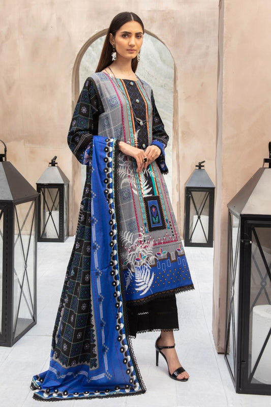 3 PC Unstitched | Printed Shirt + Printed Cotton Net Dupatta 2 + Dyed Trouser