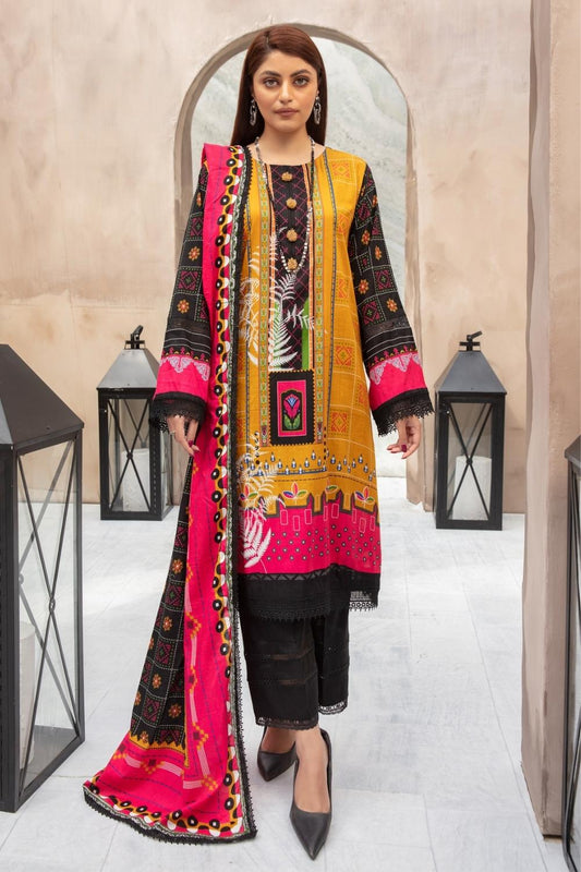 3 PC Unstitched | Printed Shirt + Printed Cotton Net Dupatta 2 + Dyed Trouser