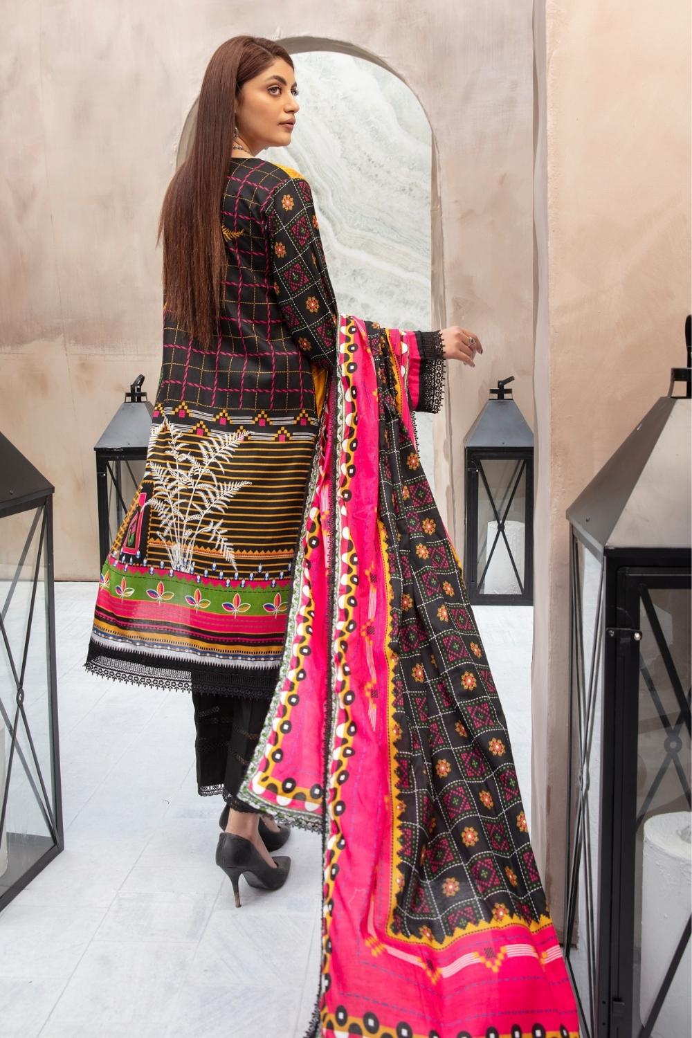 3 PC Unstitched | Printed Shirt + Printed Cotton Net Dupatta 2 + Dyed Trouser