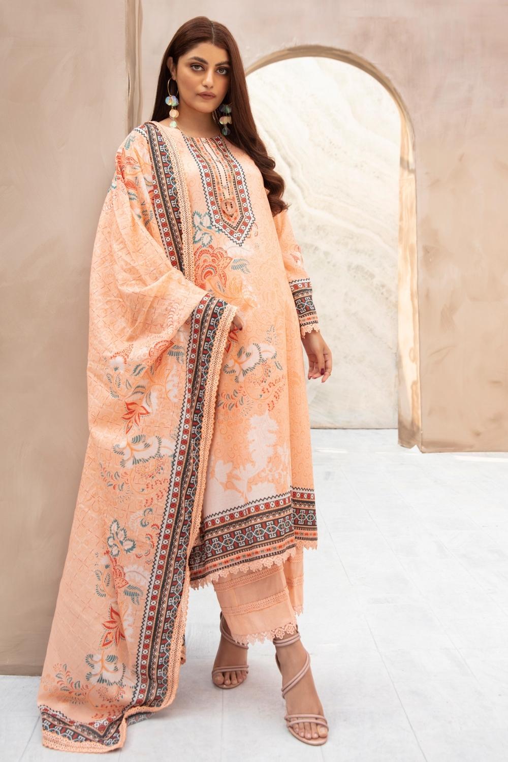 3 PC Unstitched | Printed Shirt + Printed Cotton Net Dupatta 2 + Dyed Trouser