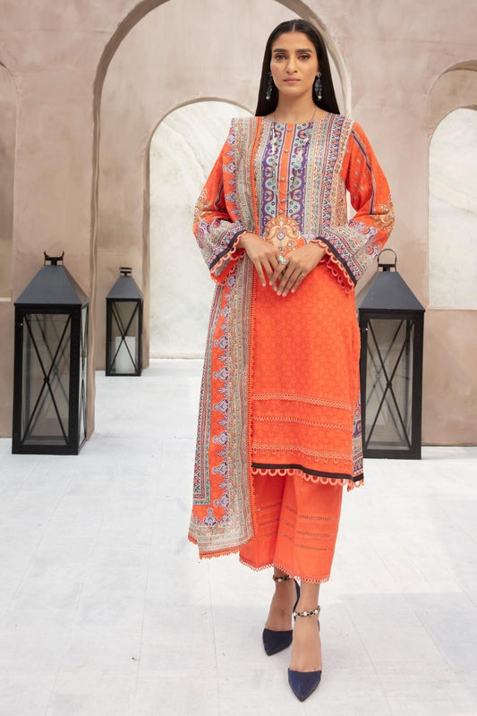 3 PC Unstitched | Printed Shirt + Printed Cotton Net Dupatta 2 + Dyed Trouser