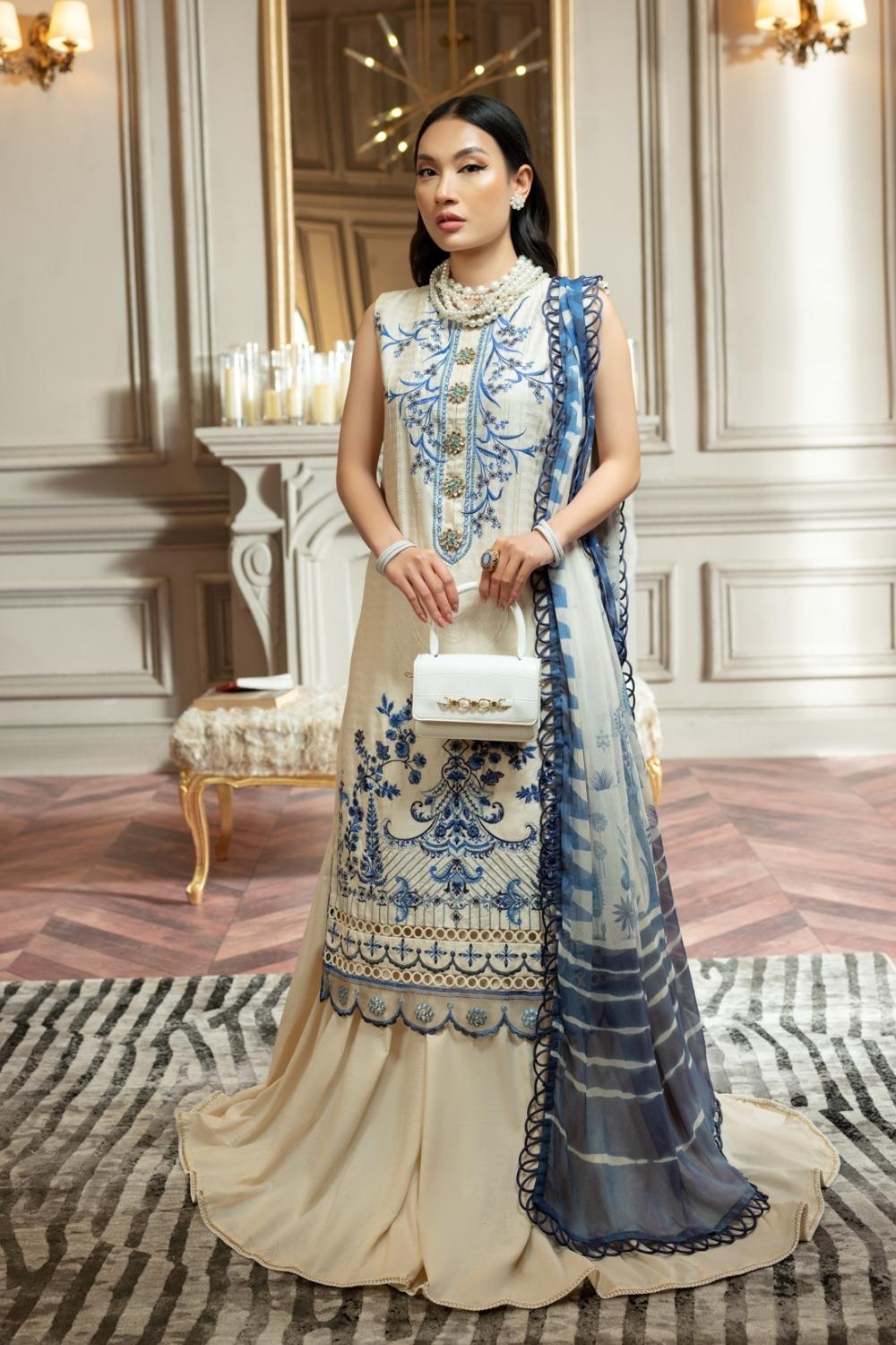 3 PC Unstitched | Self Jacquard Embroidered Shirt + Chiffon Digital Printed Dupatta + Cambric Dyed Trouser