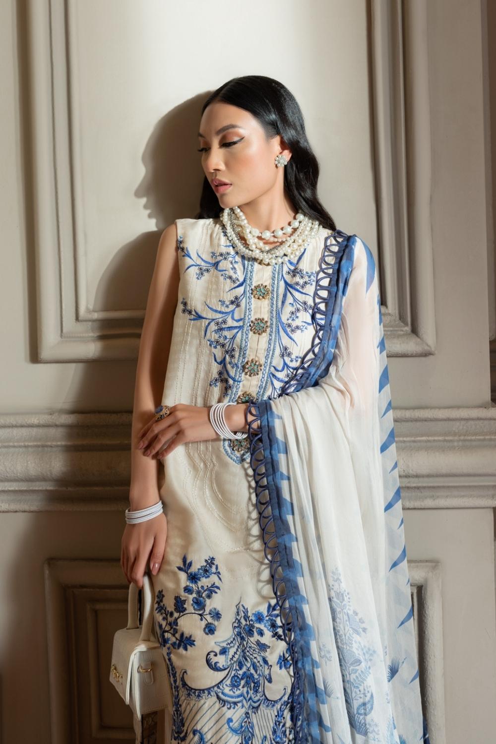 3 PC Unstitched | Self Jacquard Embroidered Shirt + Chiffon Digital Printed Dupatta + Cambric Dyed Trouser