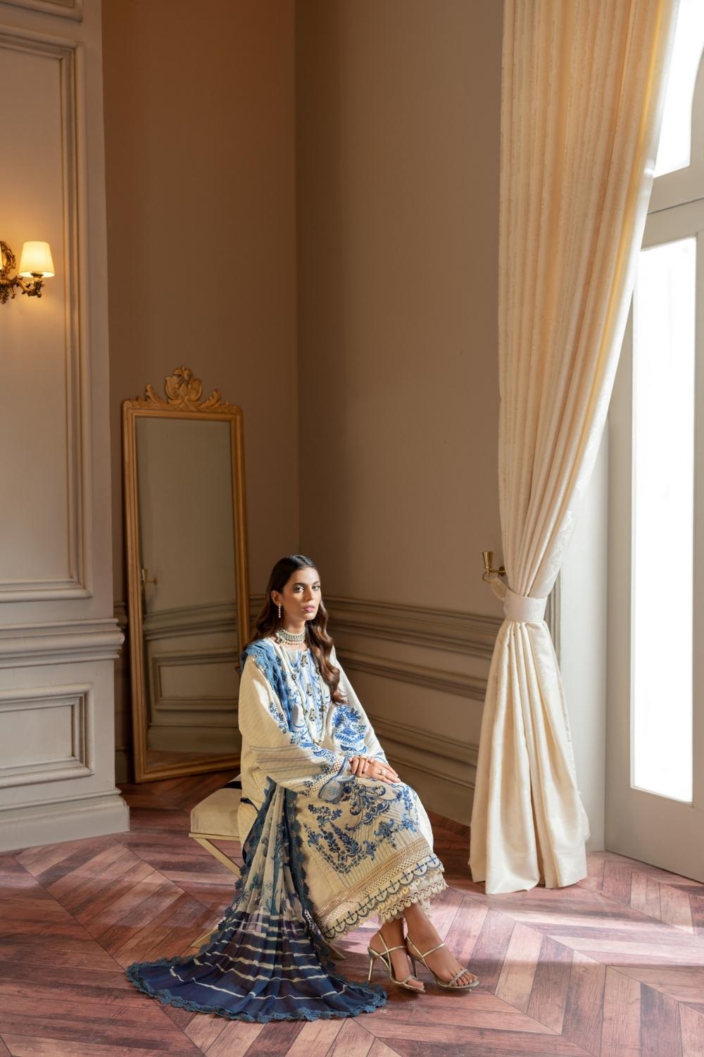 3 PC Unstitched | Self Jacquard Embroidered Shirt + Chiffon Digital Printed Dupatta + Cambric Dyed Trouser