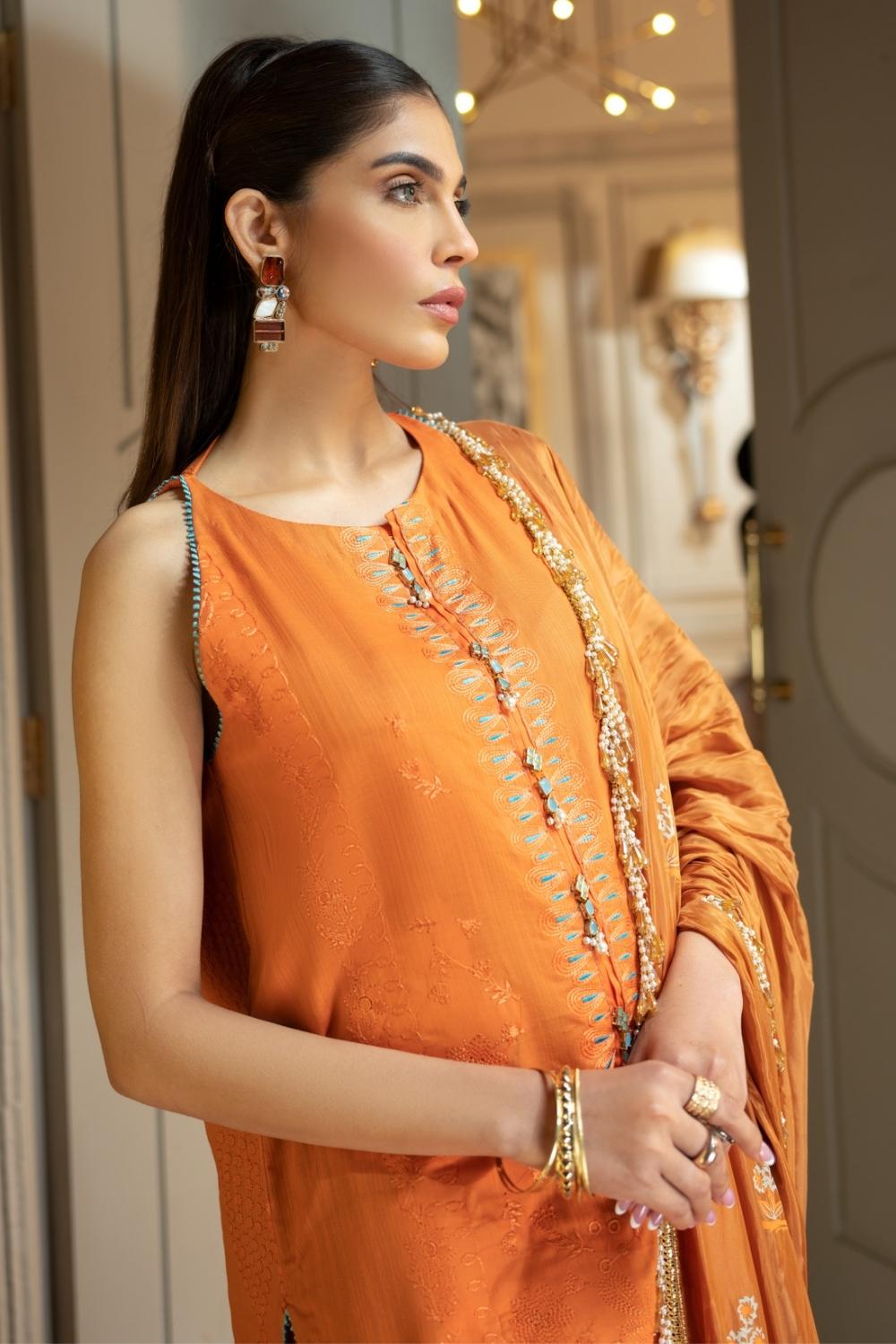 3 PC Unstitched | Slub Lawn Embroidered Shirt + Silk Paste Printed Dupatta + Cambric Dyed Trouser